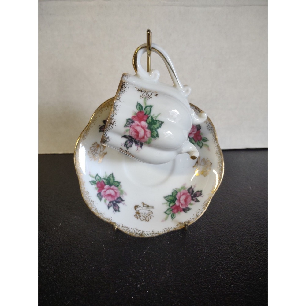 Vtg Lefton Hand Painted Footed Tea Cup & Saucer Pink Roses